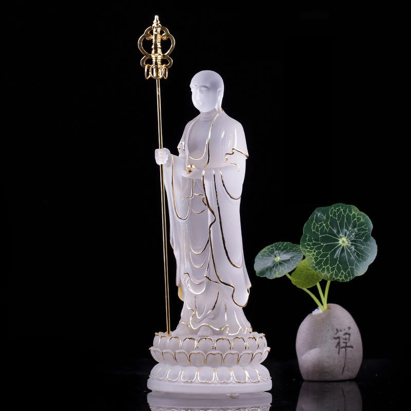 Buddha Stones Handmade Ksitigarbha Bodhisattva Figurine Liuli Crystal Art Piece Serenity Statue Home Decoration - White&Gold 7.8*7.8*20cm - image 13