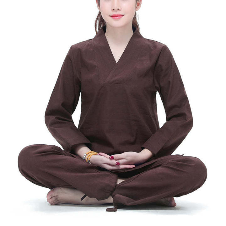 Buddha Stones Zen Practice Yoga Meditation Prayer V-neck Design Uniform Cotton Linen Clothing Women's Set