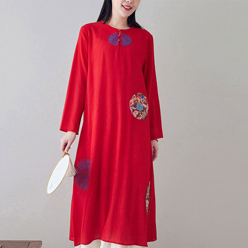 Buddha Stones Embroidery Long Sleeve Midi Dress Meditation Spiritual Zen Practice