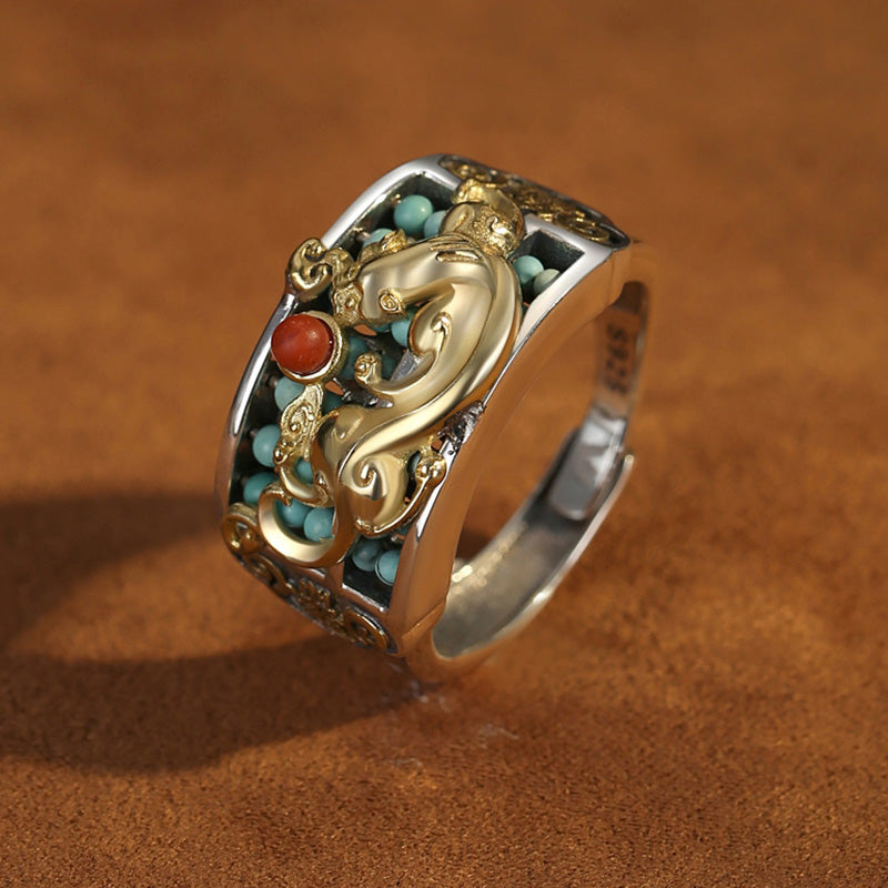 Buddha Stones 925 Sterling Silver Turquoise Red Agate PiXiu Abacus Protection Ring - image 8
