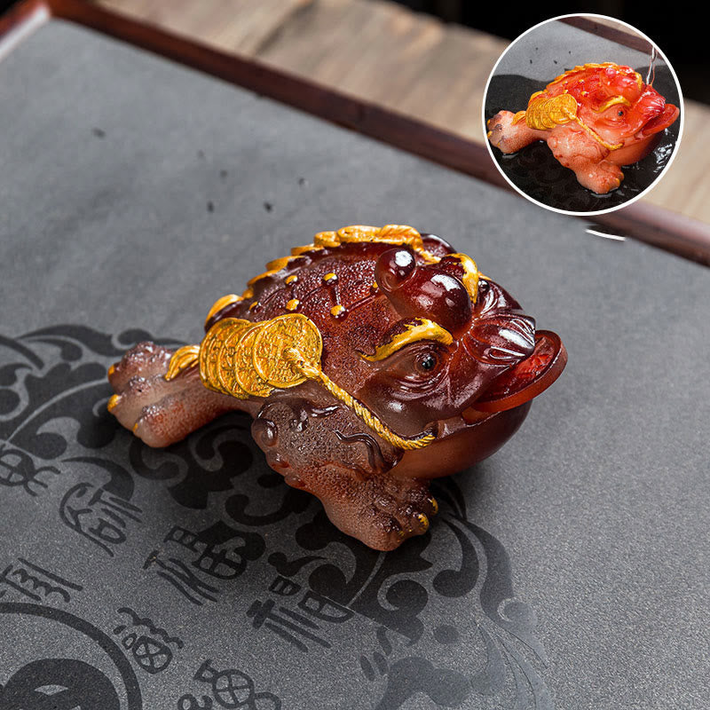 Buddha Stones Color Changing FengShui Wealth Lucky Frog Copper Coin Tea Pet Resin Figurine Decoration - Red - 15.5*7.5cm - image 5