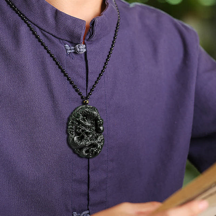 Buddha Stones Hetian Cyan Jade Dragon Success Harmony Necklace Beaded String Pendant - image 3