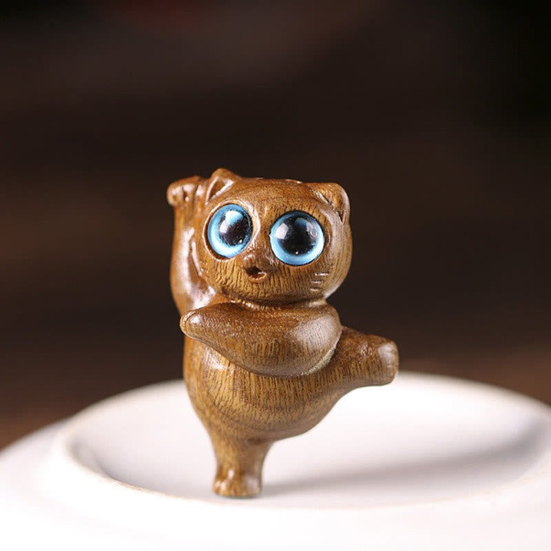 Buddha Stones Mini Green Sandalwood Dancing Cat Engraved Positive Desk Decorations - image 2
