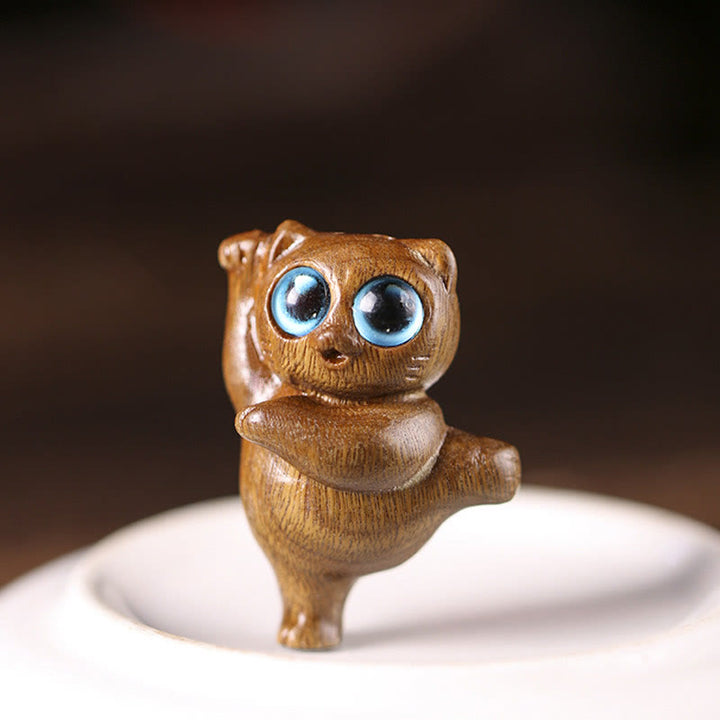 Buddha Stones Mini Green Sandalwood Dancing Cat Engraved Positive Desk Decorations - image 2