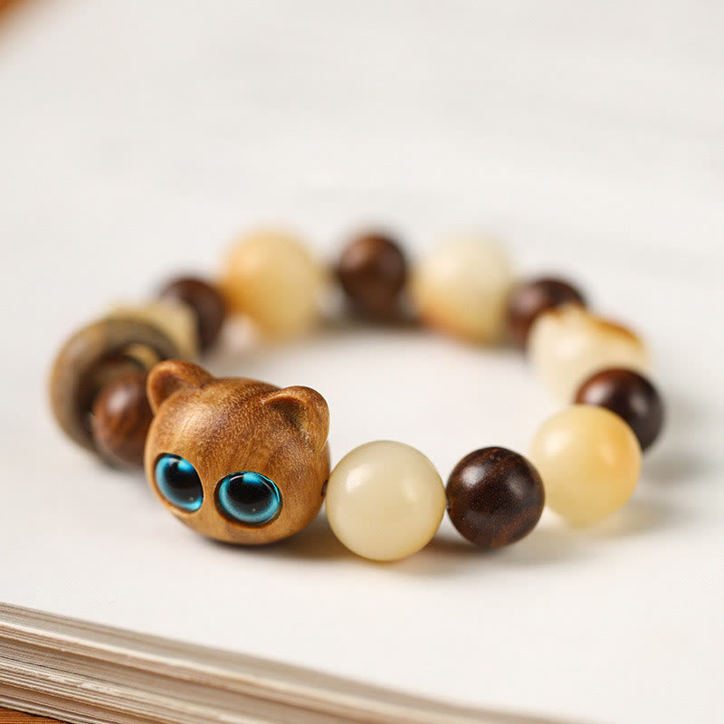 Buddha Stones Natural Bodhi Seed Sandalwood Lucky Cute Cat Head Paw Claw Peace Bracelet - image 6