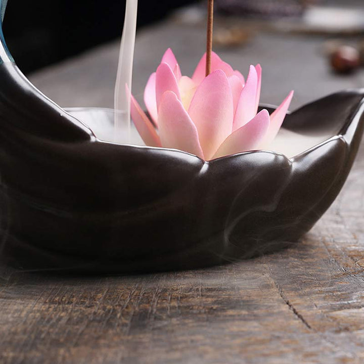 Buddha Stones Little Deer Ceramic Lotus Meditation Incense Burner Decoration - image 6