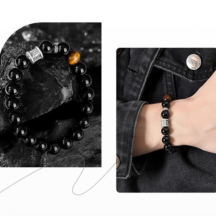 Buddha Stones 999 Sterling Silver Black Obsidian Tiger Eye Om Mani Padme Hum Fulfillment Bracelet - image 9