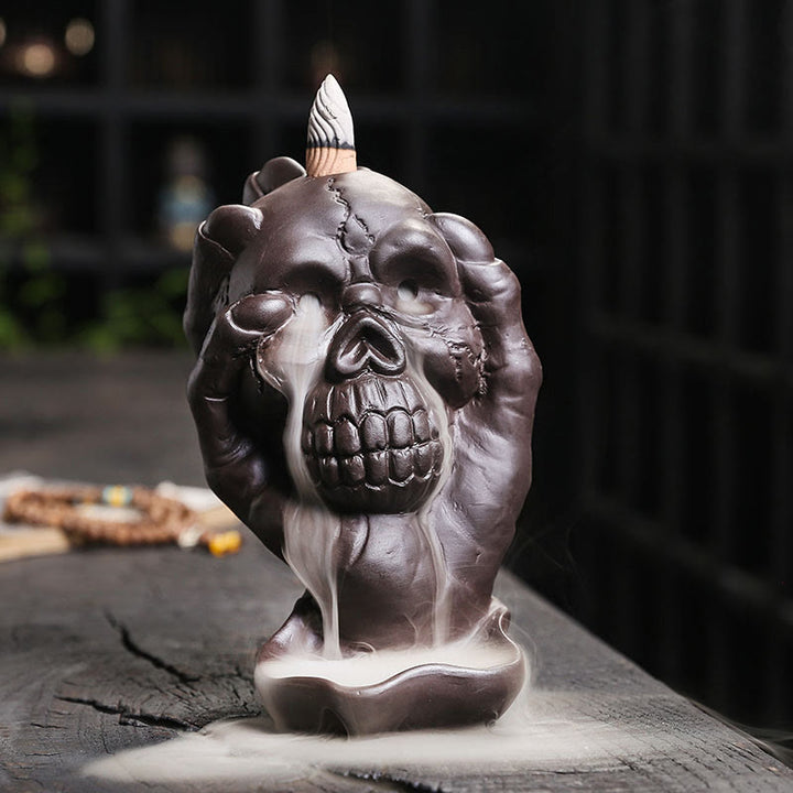 Buddha Stones Halloween Skull With Ghost Hand Purple Clay Spiritual Incense Burner Decoration - Halloween Skull With Ghost Hand 9.6*11.2*15.5cm - image 0