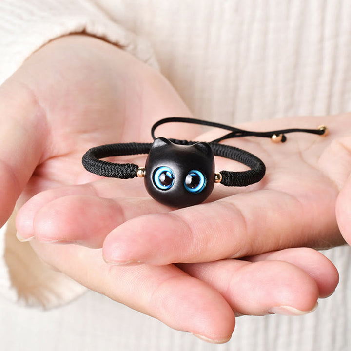 Buddha Stones Ebony Wood Cat Head Pattern Peace King Kong Knot Braided Bracelet - image 18