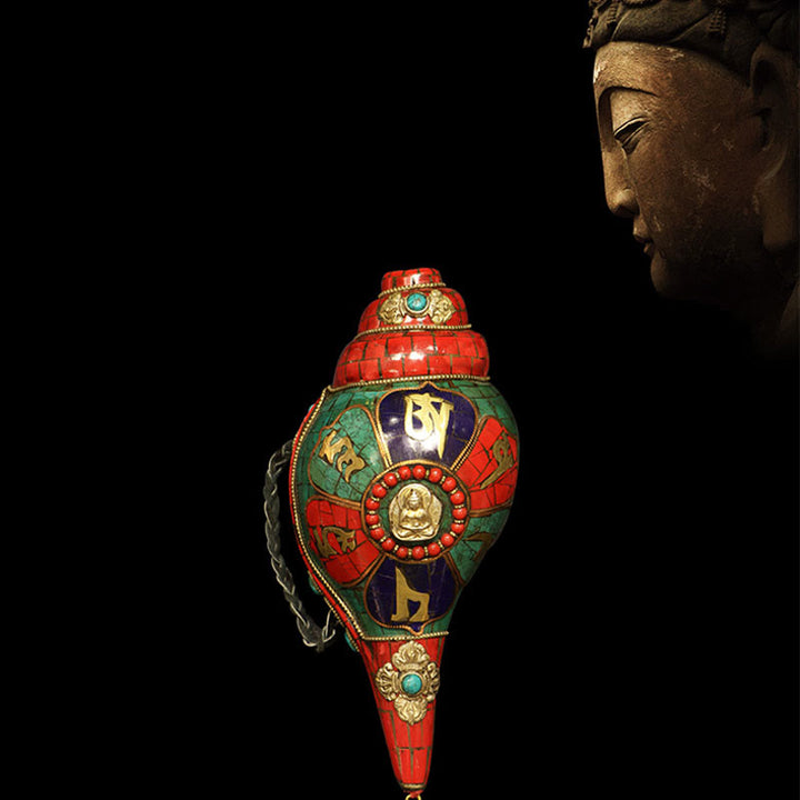 Tibetan Handmade Shankha Om Mani Padme Hum Buddha Conch Shell Lucky Decoration - 23cm - image 0