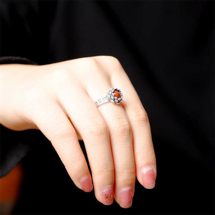 925 Sterling Silver Lotus Red Agate Confidence Blessing Ring - image 4