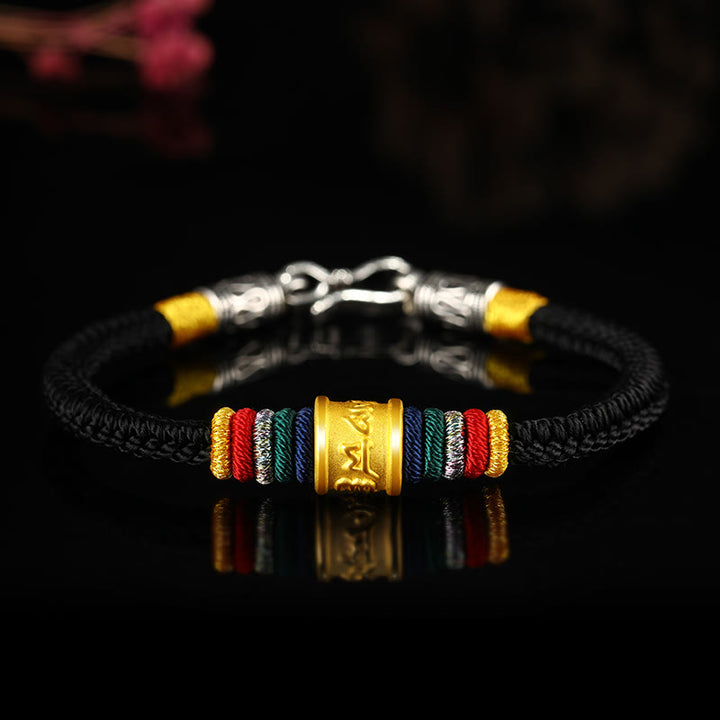 Buddha Stones Tibet 999 Gold Om Mani Padme Hum Handmade Eight Thread Peace Knot Luck Bracelet - Round Perfect Knot Silver Buckle Black Rope - 19cm - image 19