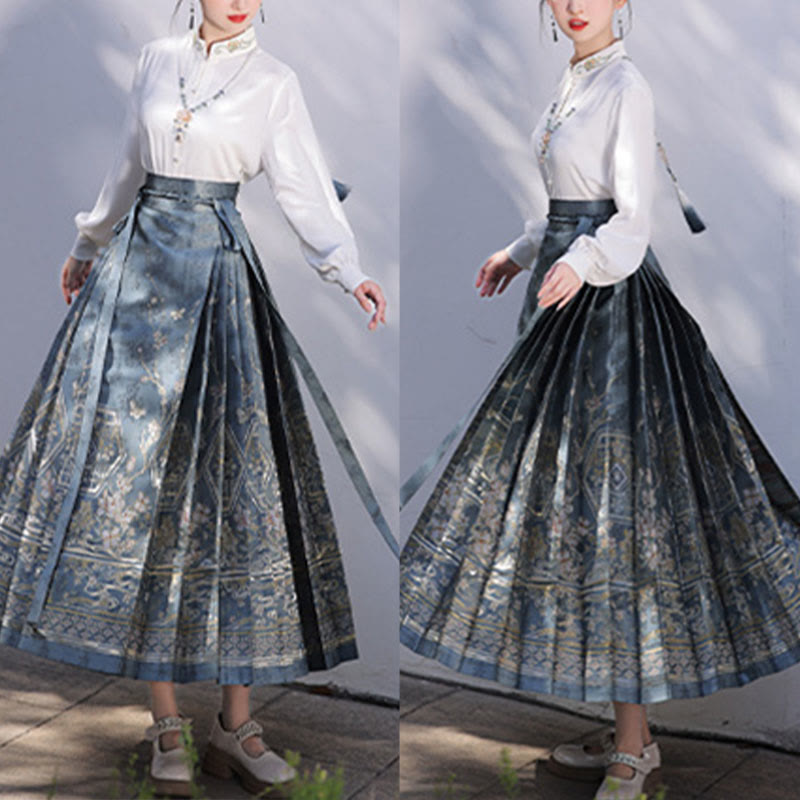 Buddha Stones Chinese Hanfu Blue Patio Plum Blossoms Printed Horse Face Skirt Mamianqun