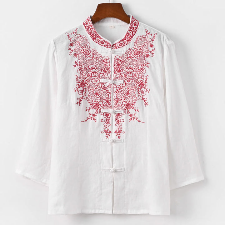 Buddha Stones Flower Embroidery Frog-button Design Shirt Top Linen Clothing