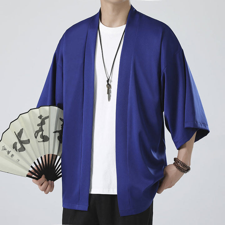 Buddha Stones Solid Color Open Front Jacket Men's Kimono