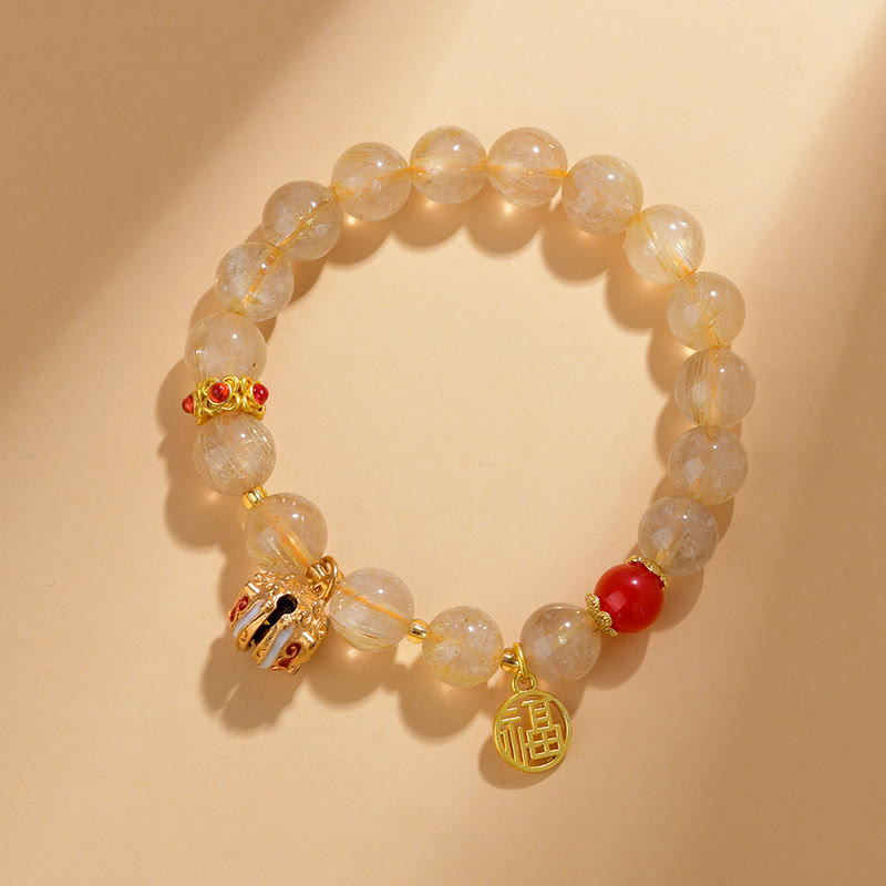 Buddha Stones Natural Golden Rutilated Quartz Fu Character Charm Bell Wealth Bracelet