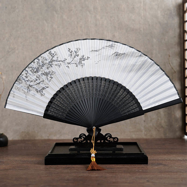 Buddha Stones Ancient Flowers Bamboo Handheld Silk Bamboo Folding Fan 23cm