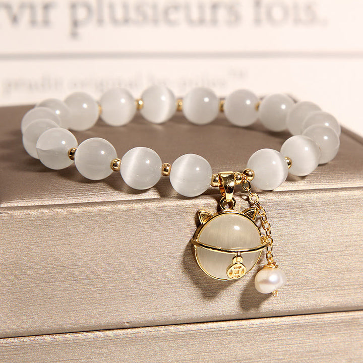 Buddha Stones Cat's Eye Lovely Cat Pattern Pearl Love Charm Bracelet - image 3