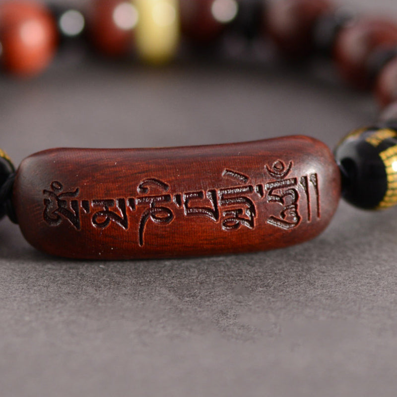 Buddha Stones Small Leaf Red Sandalwood Om Mani Padme Hum Engraved Protection Bracelet