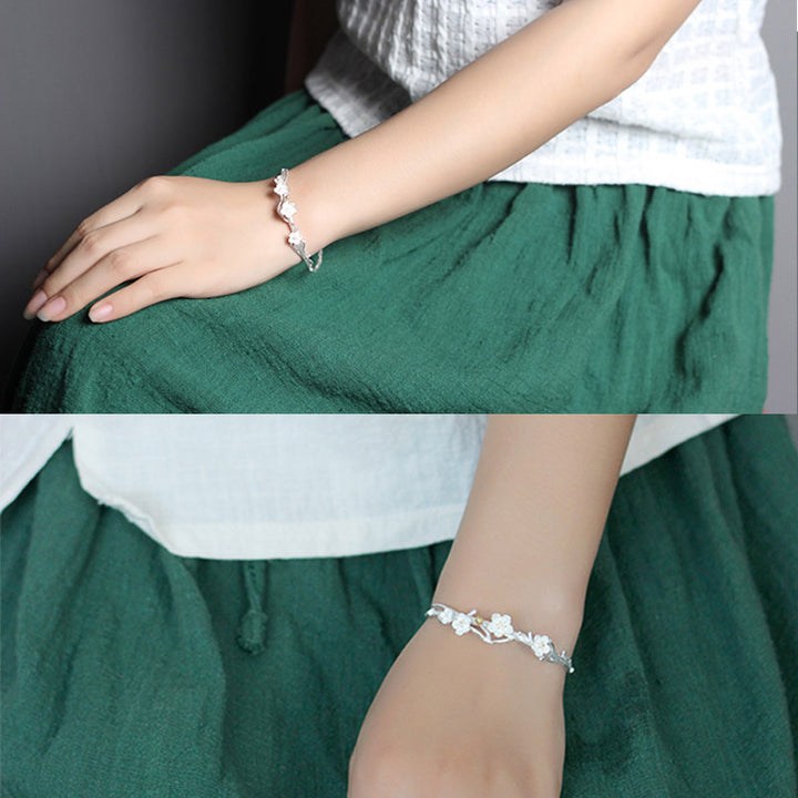 Buddha Stones 925 Sterling Silver Plum Flower Blessing Bracelet Adjustable Bangle - image 11