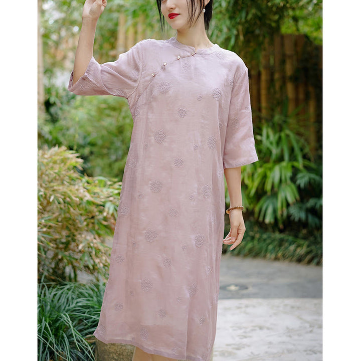 Buddha Stones Dandelion Flower Embroidery Half Sleeve Ramie Linen Chinese Cheongsam Midi Dress With Pockets