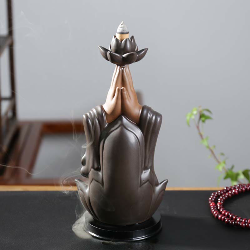 Buddha Avalokitesvara Chenrezig Ksitigarbha Ceramic Lotus Blessing Backflow Incense Burner - image 1