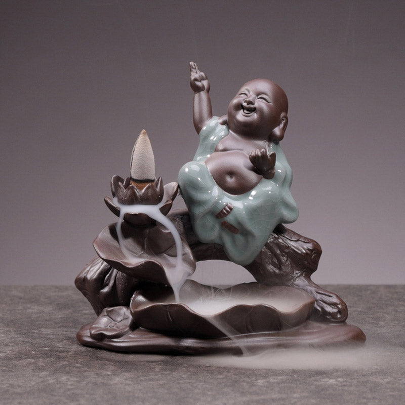 Buddha Stones Little Monk Ceramic Lotus Blessing Incense Burner Decoration - image 5