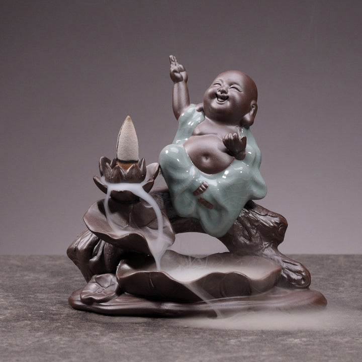 Buddha Stones Little Monk Ceramic Lotus Blessing Incense Burner Decoration - image 5