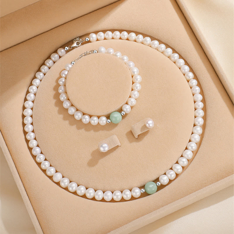 Buddha Stones 925 Sterling Silver Natural Pearl Jade Healing Necklace Bracelet Earrings With Gift Box - Pearl Set(Necklace Bracelet Earrings) - image 0