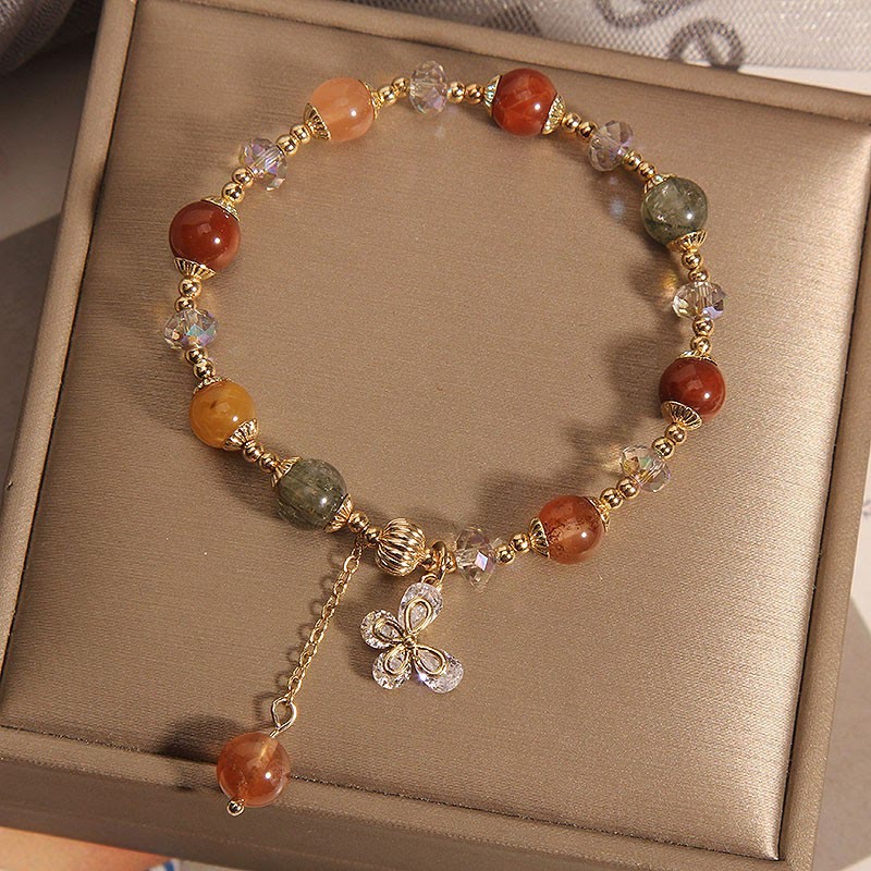 Buddha Stones Natural Fu Lu Shou Rainbow Crystal Rutilated Quartz Wealth Butterfly Charm Bracelet