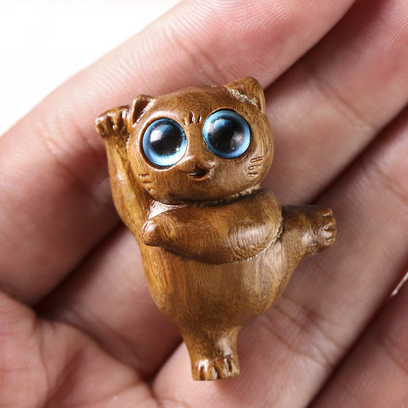 Buddha Stones Mini Green Sandalwood Dancing Cat Engraved Positive Desk Decorations - image 8