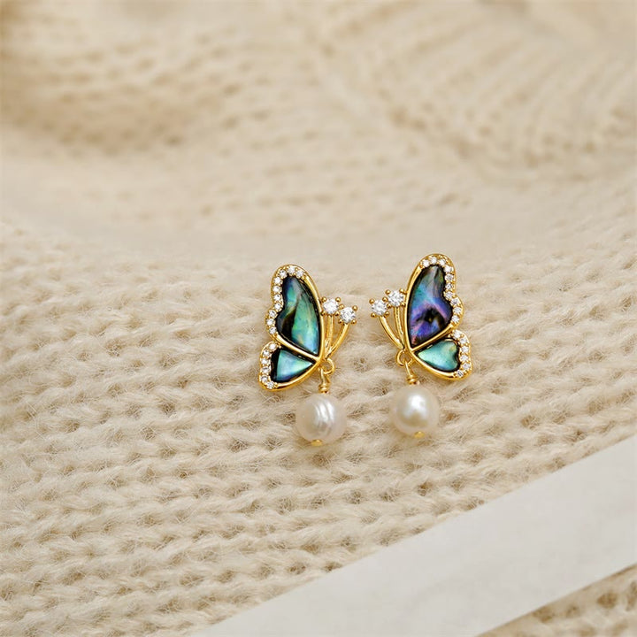 Buddha Stones 18K Gold Plated Copper Pearl Butterfly Love Stud Earrings