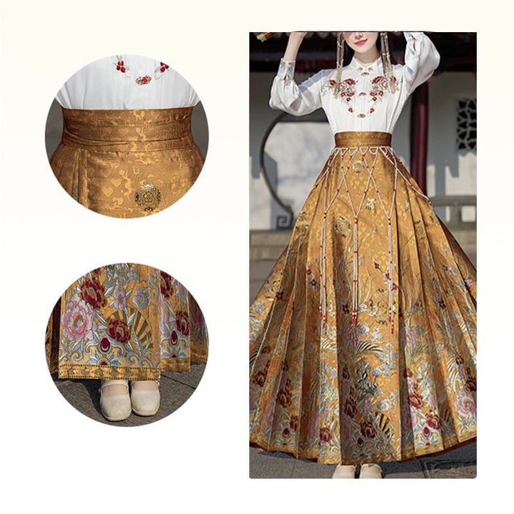 Buddha Stones Golden Flower Phoenix Embroidery Long Sleeve Shirt Top Chinese Hanfu Ming Dynasty Horse Face Skirt Mamianqun Skirt