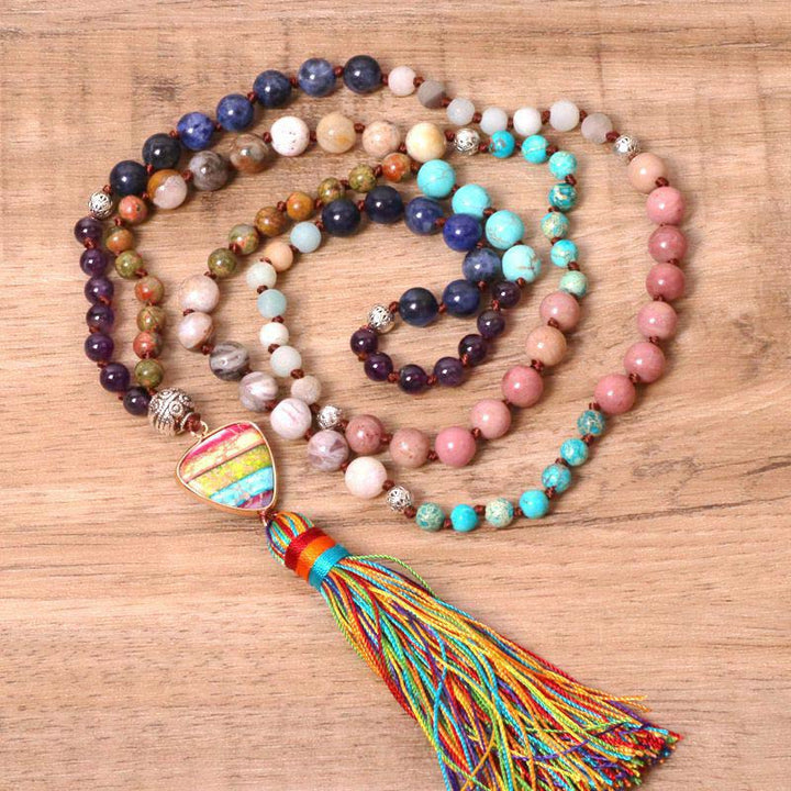 Buddha Stones Tibetan Turquoise Lazurite Lapis Lazuli Zebra Jasper Balance Necklace - image 1