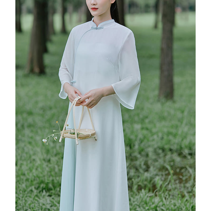 Buddha Stones Three Quarter Sleeve Chiffon Cheongsam Midi Dress Wide Leg Pants Meditation Zen Practice Clothing