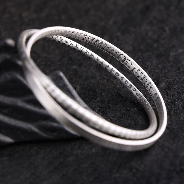 Buddha Stones 999 Sterling Silver Heart Sutra Carved Protection Bracelet Bangle - image 5