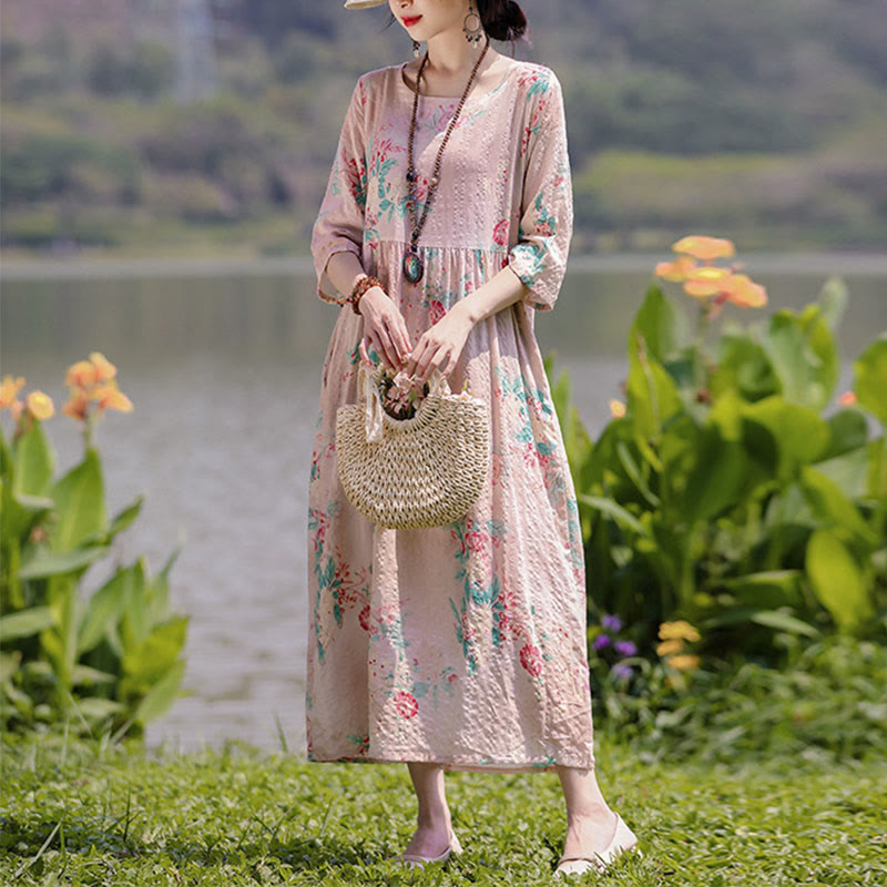 Buddha Stones Flowers Print Midi Dress Cotton Linen Tunic Dress With Pockets