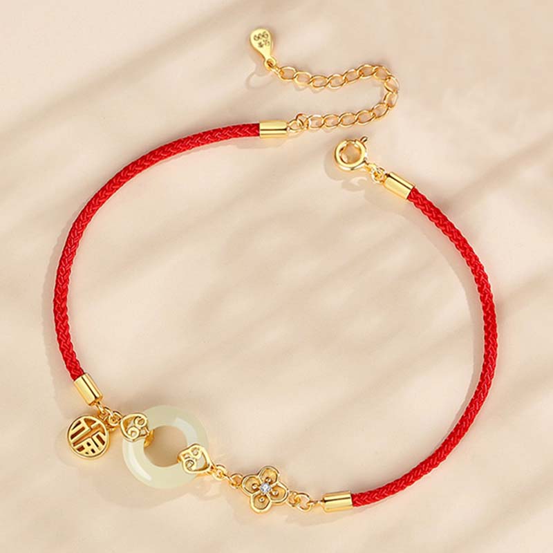 Buddha Stones 999 Sterling Silver Hetian Jade Peace Buckle Fu Character Luck Red Rope Bracelet