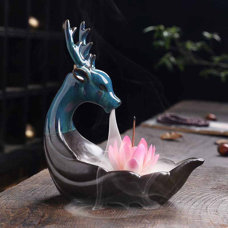 Buddha Stones Little Deer Ceramic Lotus Meditation Incense Burner Decoration - Pink Lotus - image 0