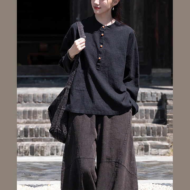 Buddha Stones Solid Color Loose Button Blouse Long Sleeve Shirt Top