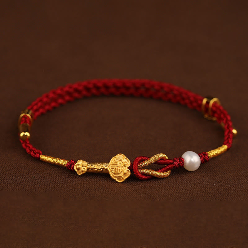 Buddha Stones 24K Gold Wish Ruyi Handle Fu Character Rabbit Pearl Luck Braided Bracelet - image 1