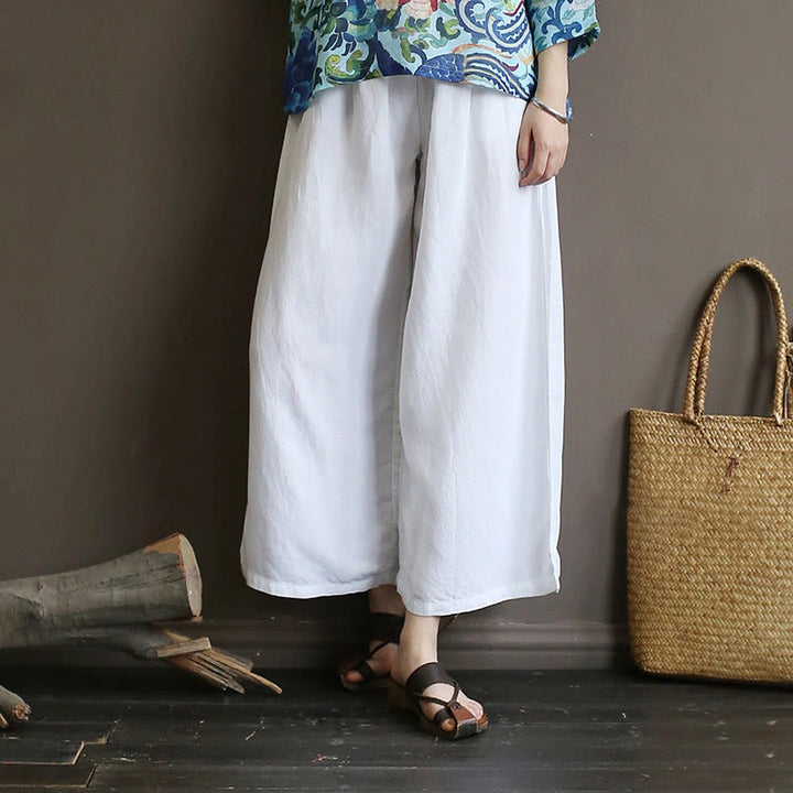 Buddha Stones Red Blue Peony Midi Dress Half Sleeve Cotton Linen Dress Wide Leg Pants With Pockets