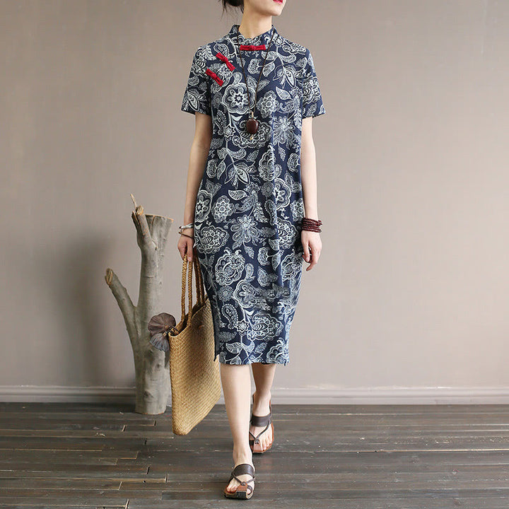 Buddha Stones Blue White Flower Frog-button Cheongsam Dresses Short Sleeve Linen Dresses With Pockets