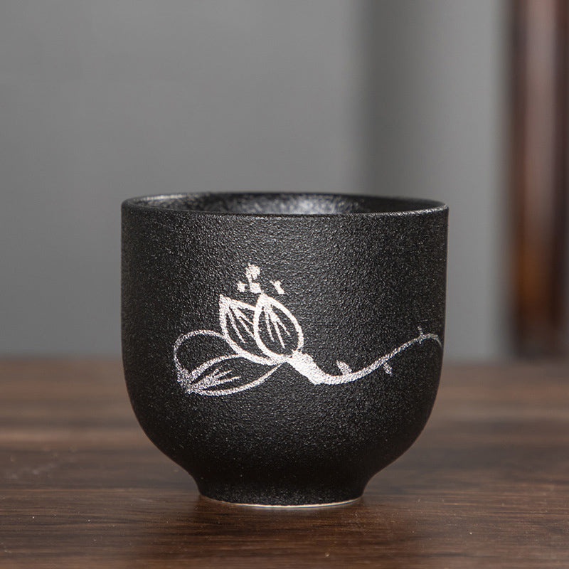 Buddha Stones Hand Painted Lotus Flower Bamboo Chrysanthemum Black Pottery Ceramic Teacup Kung Fu Tea Cup 95ml