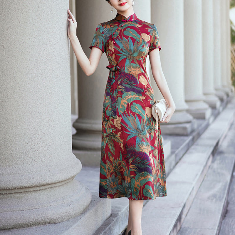 Buddha Stones Silk Qipao Dress Retro Flower Leaf Pattern Women's Cheongsam Dress