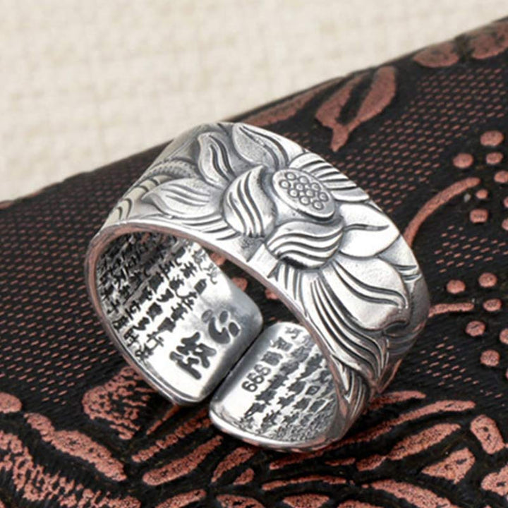 Buddha Stones 999 Sterling Silver Lotus Symbol Heart Sutra Protection Ring - image 2