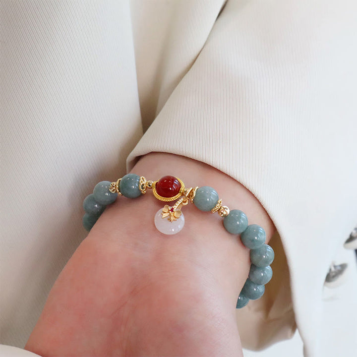 Buddha Stones Natural Jade Red Agate Pearl Bow Tie Luck Bracelet