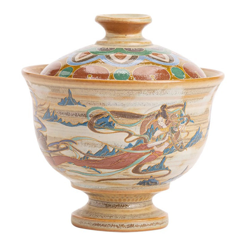 Buddha Stones Dunhuang Flying Apsaras Ceramic Gaiwan Sancai Teacup Kung Fu Tea Cup With Lid