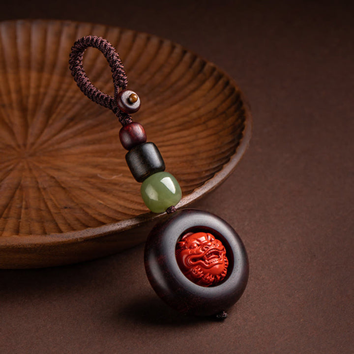 Buddha Stones Tibet Om Mani Padme Hum PiXiu Copper Coin Small Leaf Red Sandalwood Cinnabar Protection Key Chain