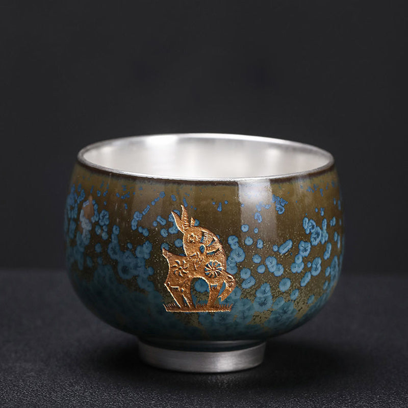 Buddha Stones 999 Gilt Silver Gilt Chinese Zodiac Ceramic Teacup Kung Fu Tea Cup 160ml